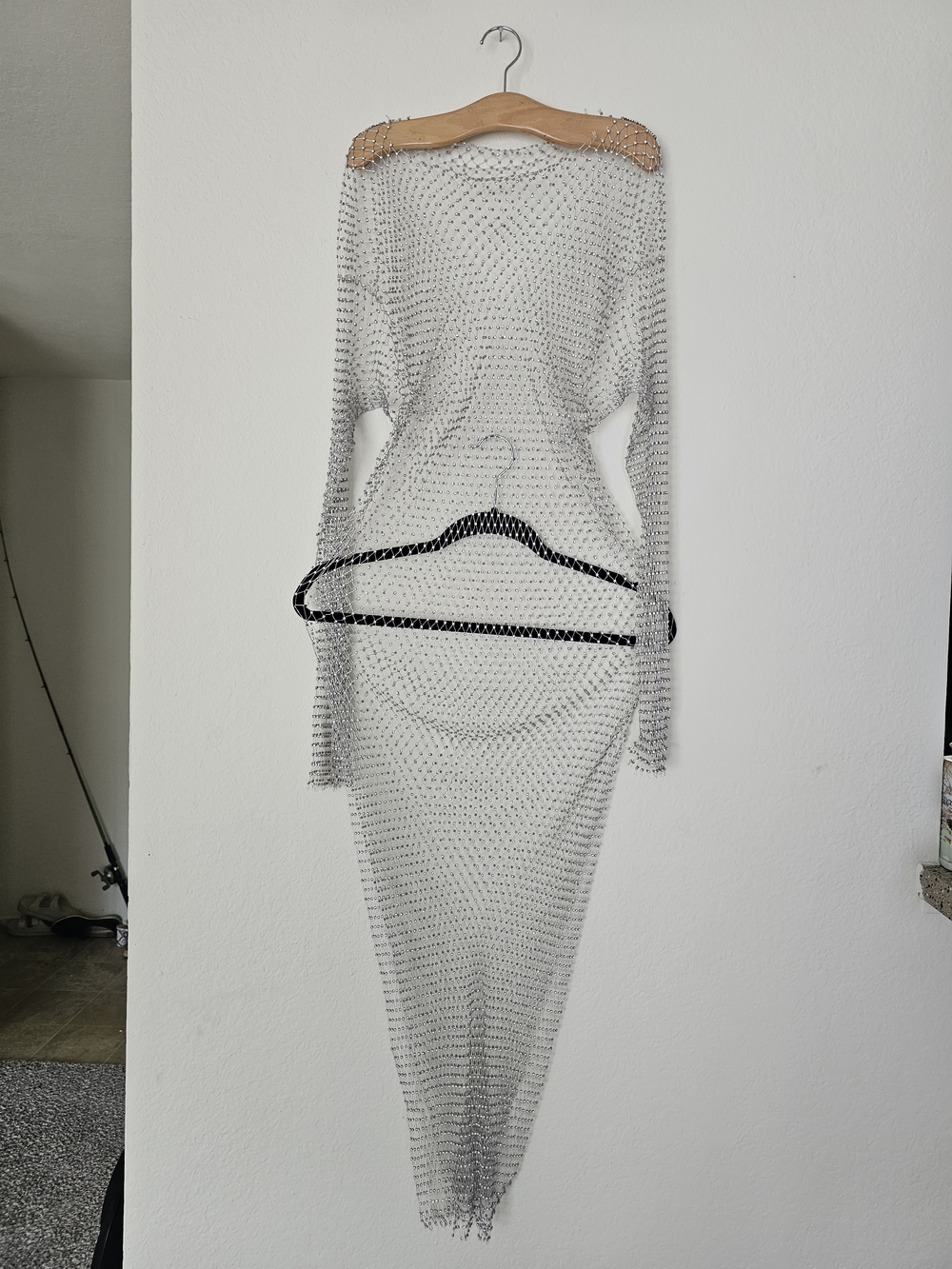silver rhinestone embellished sheer long-sleeve mesh dress. - Picture 2 of 8